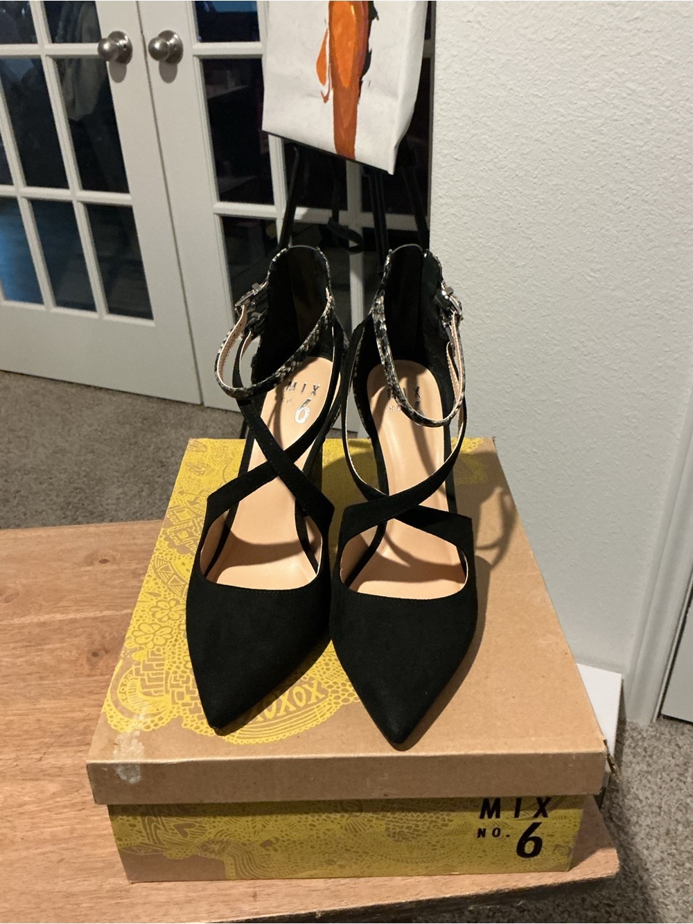 Mix No. 6 Black Suede Pointed Toe Crisscross Ankle Strap Heels